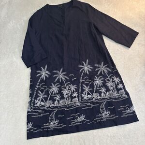 Talbots Linen Shift Dress Navy Blue Embroidered Beaded Beachy Palms Large